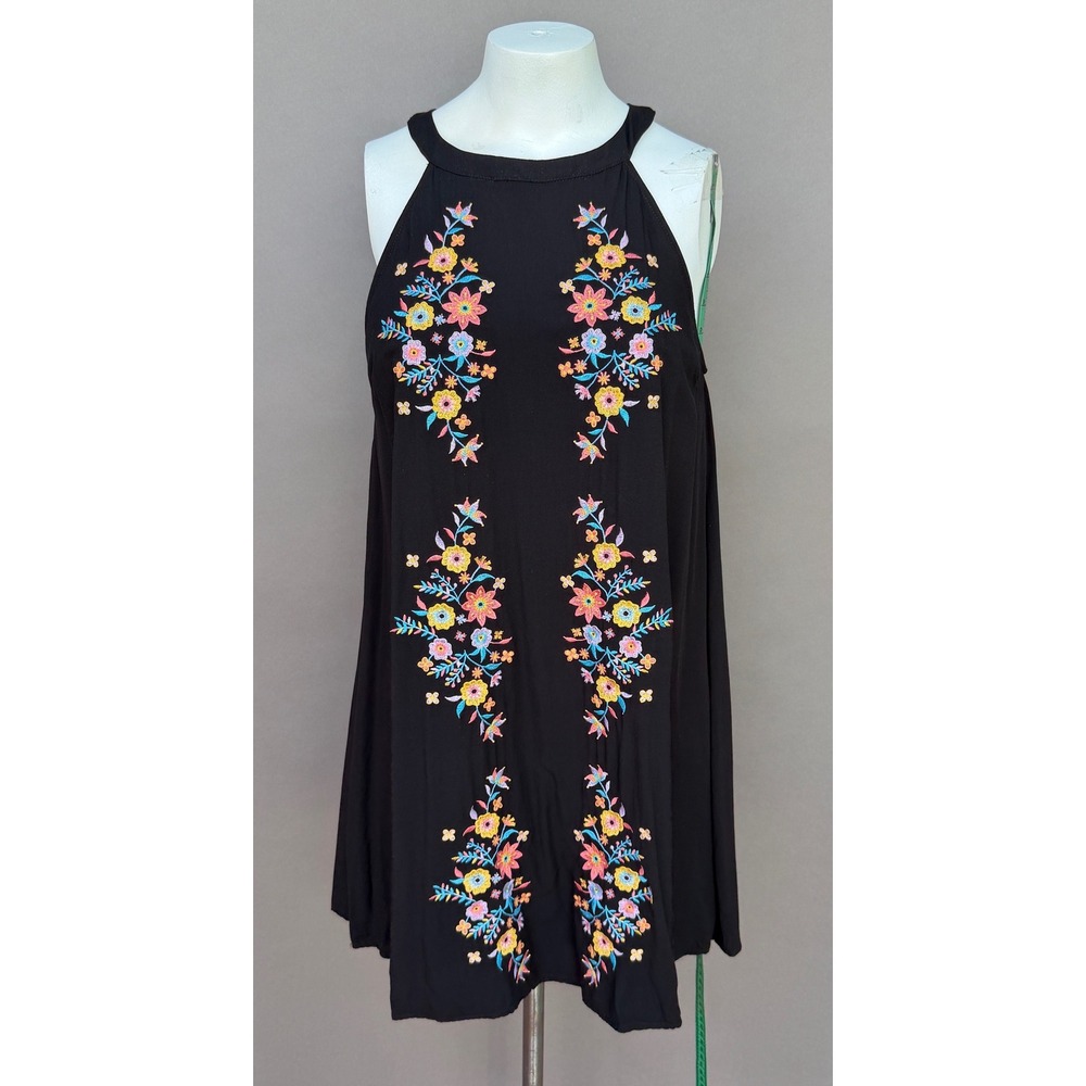 Savanna Jane Large Black Floral Embroidered Halter Mini Dress Boho Swing Lined L